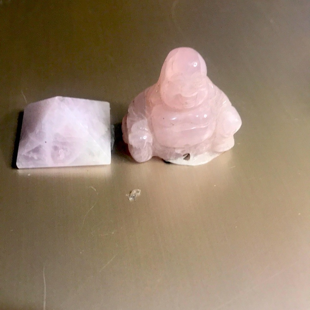 Rose quartz Buddha and pyramid